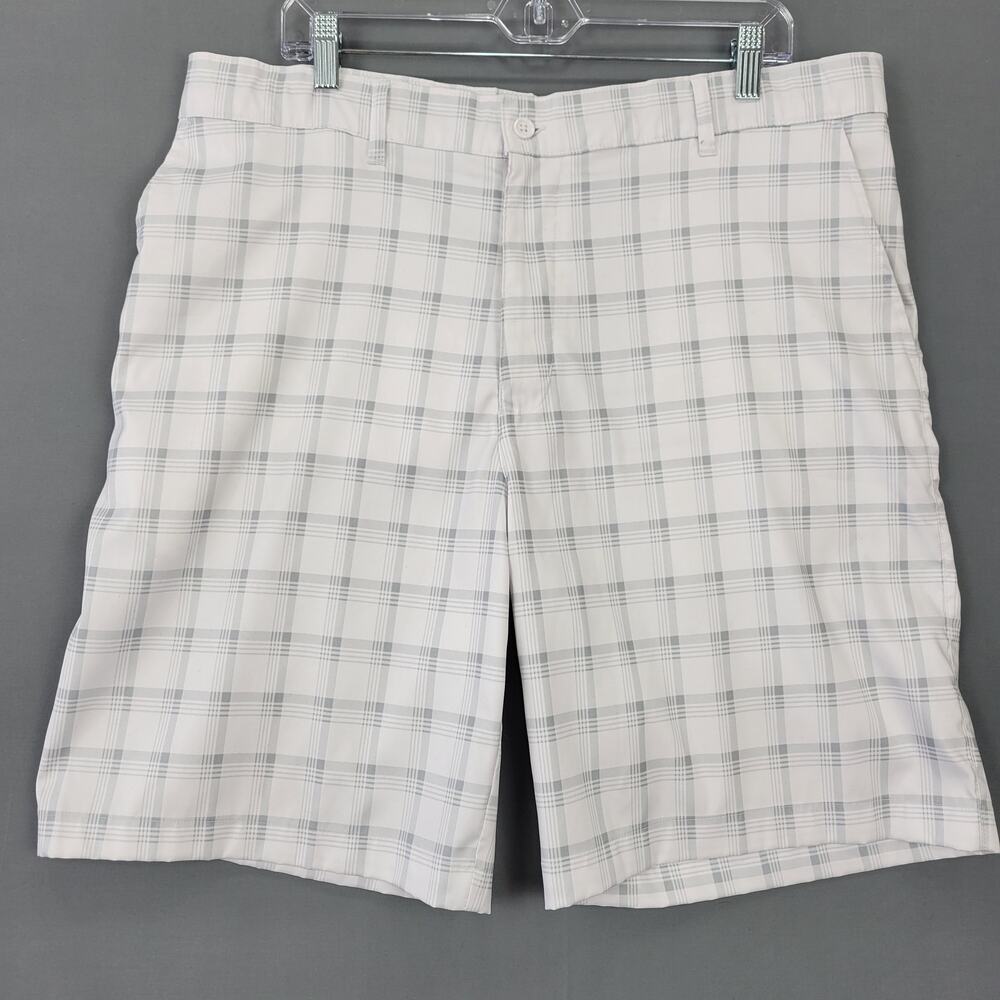 Russell White Gray Plaid Chino Shorts Stretch Classic Flat Front Men Size 36 Zip